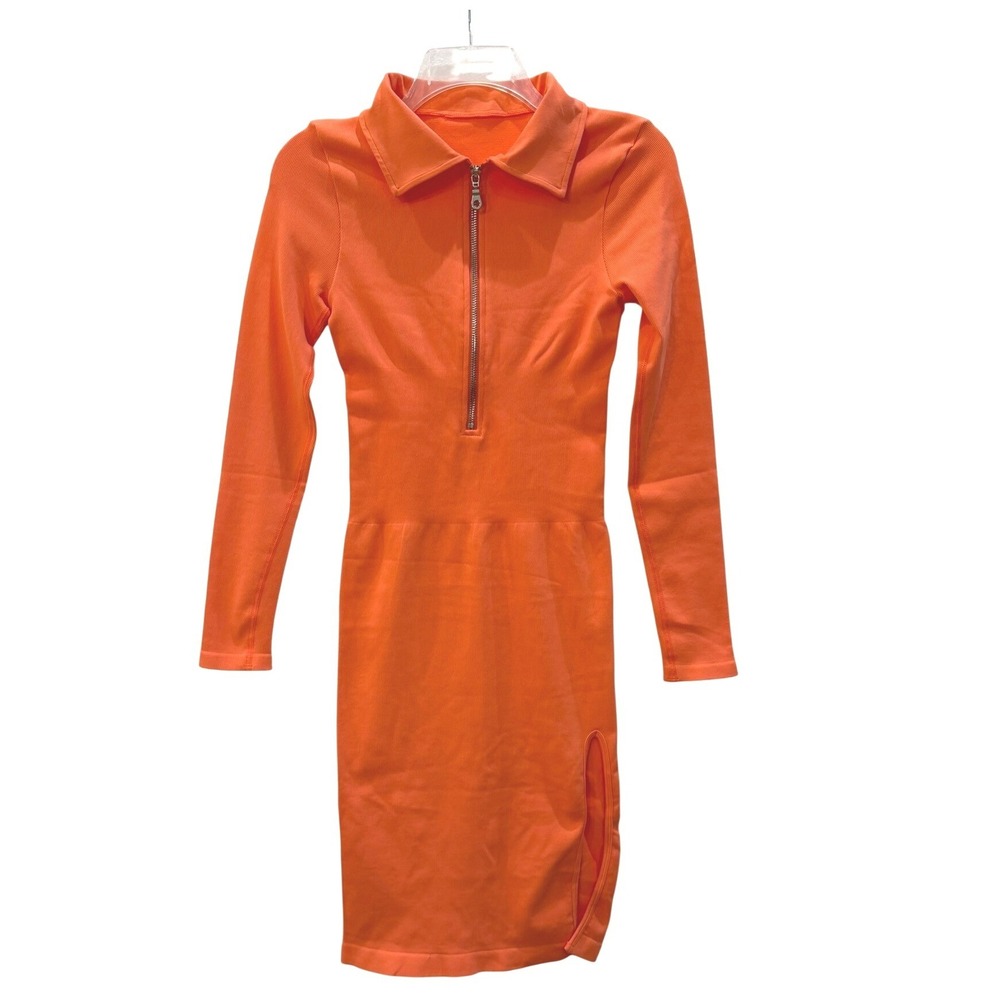 OQQ Womens Orange Ribbed Seamless Half Zip Long Sleeve Bodycon Dress Medium